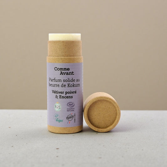 Parfum solide boisé au beurre de kokum - Version 2 - Vétiver Poivré et Encens